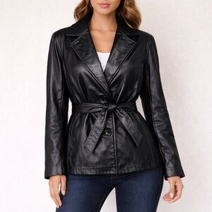 Wilsons Leather Vintage 90s Belted Black Leather Jacket Thinsulate Size Large